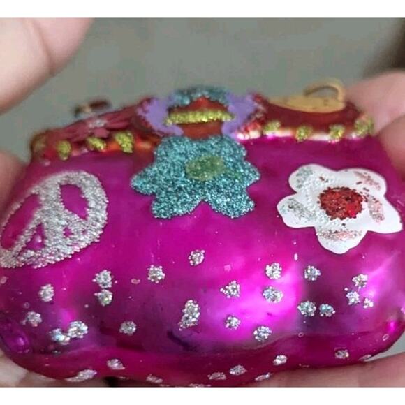Groovy Handbag Glass Ornament Pink Peace Flower Power Purse 60s Retro Glitter - Picture 3 of 7